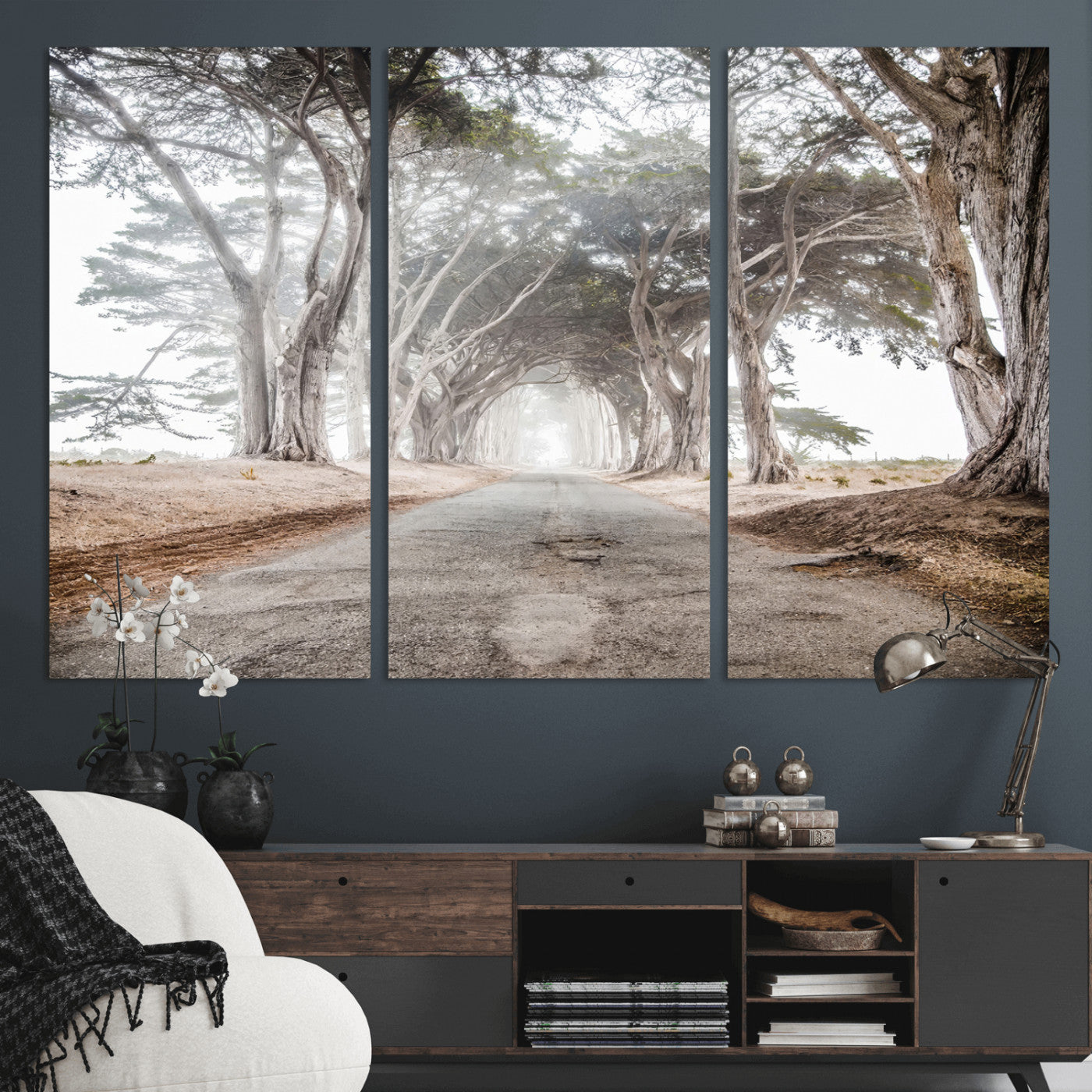 MGV-CV-48X32-3P - Cypress Tunnel Wall Art Canvas Print, Framed Misty Road Art Picture Print, Foggy Trees Perfect Rustic Woodland Decor Artwork