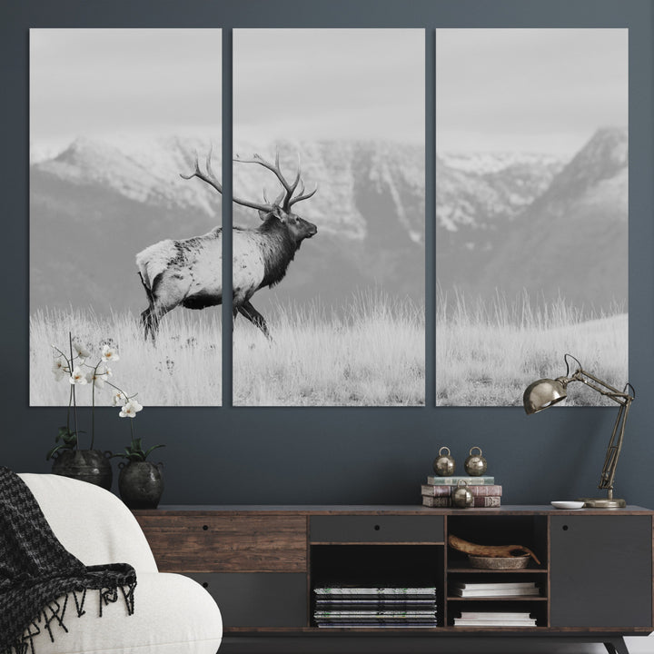 Rustic Elk Wall Art Canvas Print, Wildlife Antler Print, Framed Western Hunting Lodge Art Print, Large Mountain Nature Scene Printing Perfect for Japanese Decor