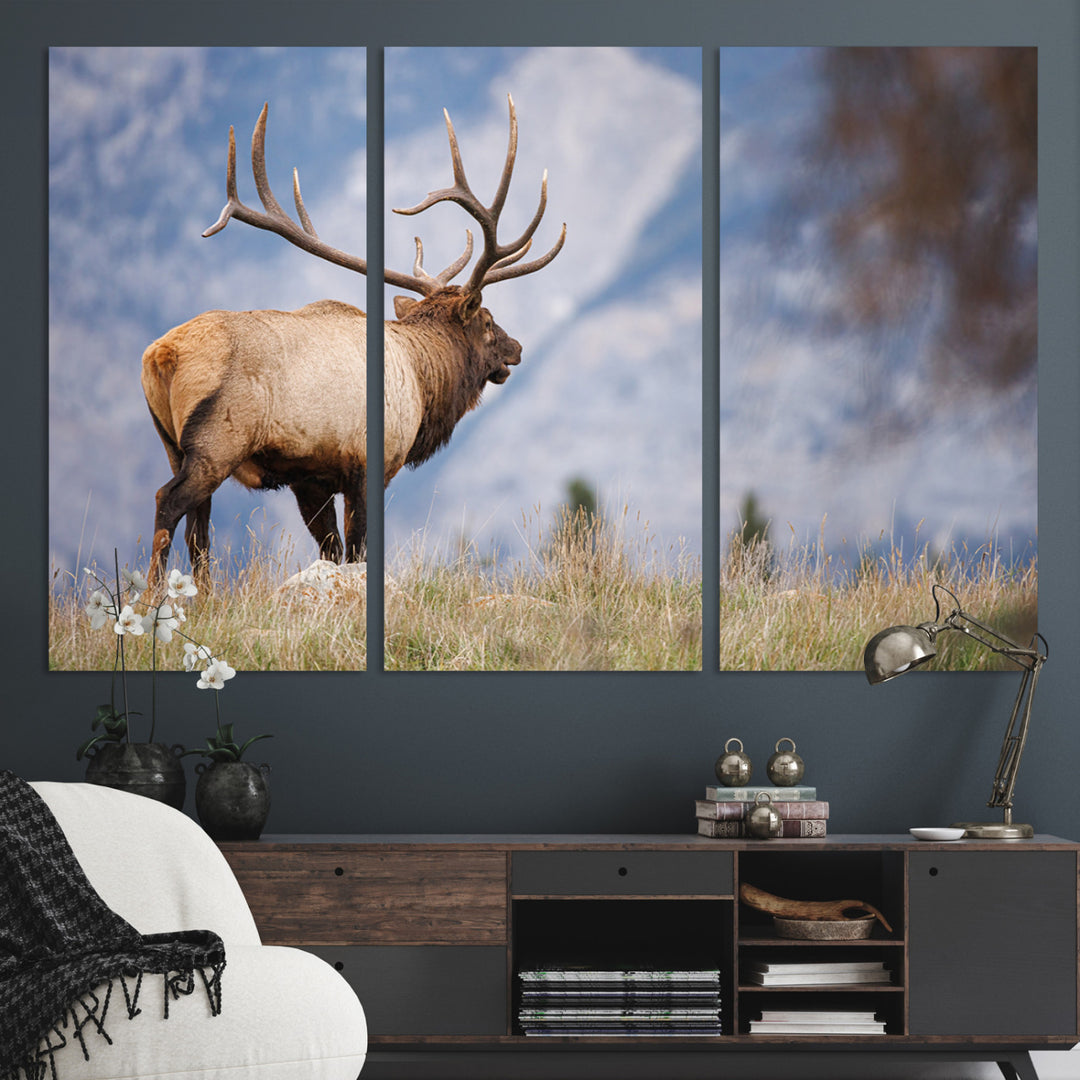 Rustic Elk Wall Art Canvas Print, Wildlife Antler Print, Framed Western Hunting Lodge Art Print