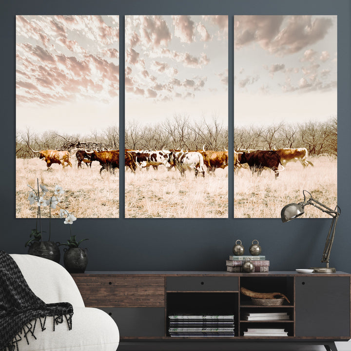 Longhorn Cattle Wall Art Canvas Print, Texas Ranch Print, Framed Western Cow Art Print, Large Prairie Landscape Printing Perfect for Western Decor