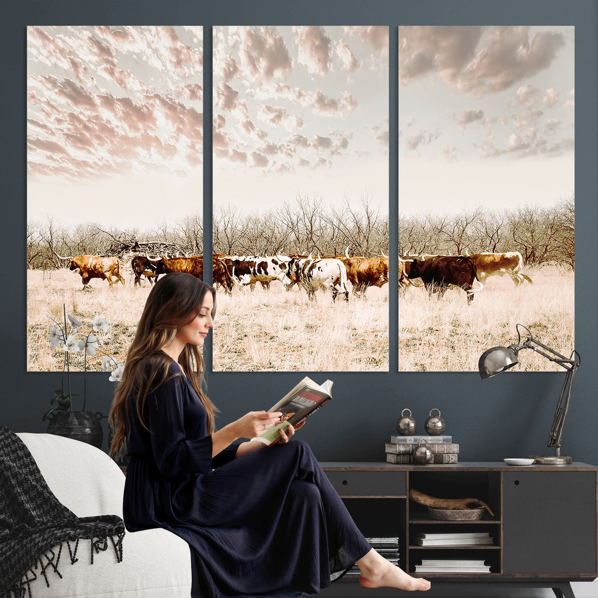 64892775-MGV-CV-24X16 - Longhorn Cattle Wall Art Canvas Print, Framed Texas Ranch Art, Western Cow Print, Prairie Landscape Decor