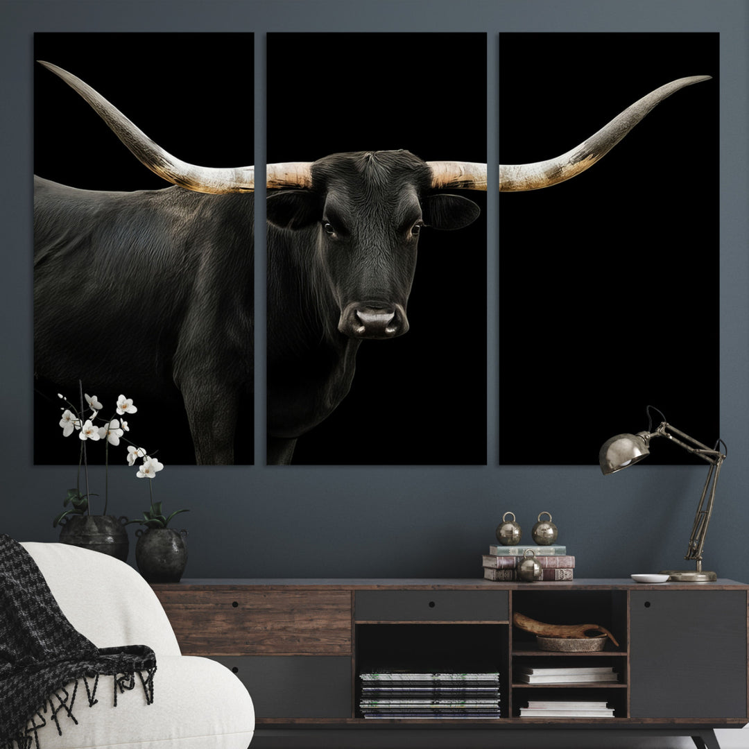 Black White Longhorn Bull Wall Art Canvas Print, Texas Ranch Print, Framed Western Cow Art Print for Farmhouse Decor - Longhorn Print