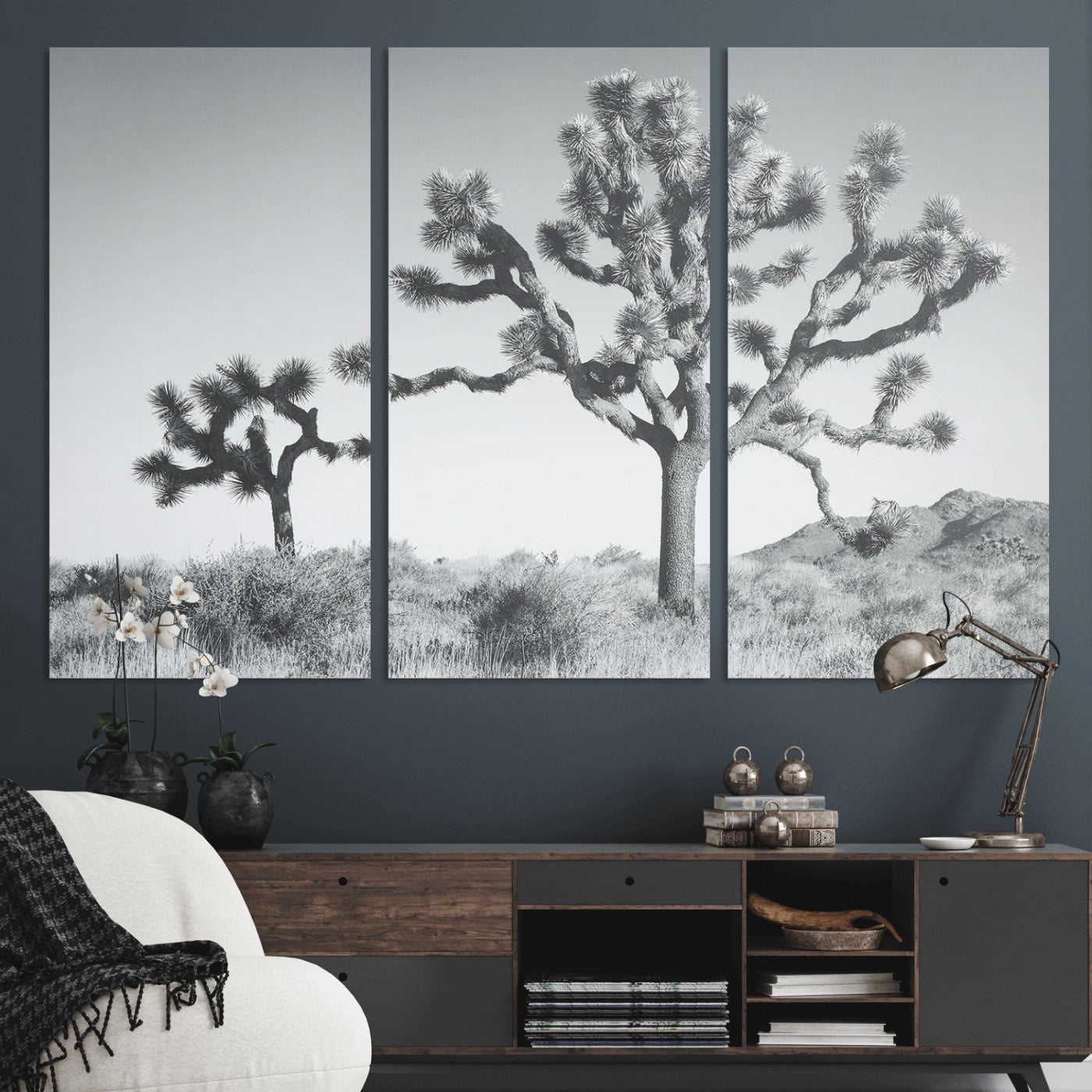 MGV-CV-48X32-3P - Joshua Tree Wall Art Canvas Print, Framed Black White Landscape Art Picture Print, Desert Tree Decor Perfect Southwestern Decor Artwork