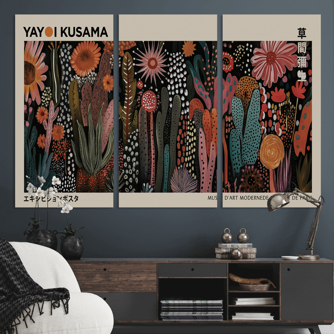 MGV-CV-48X32-3P - Modern Japanese Wall Art Print Yayoi Kusama Canvas Wall Art Abstract Mount Fuji Canvas Print