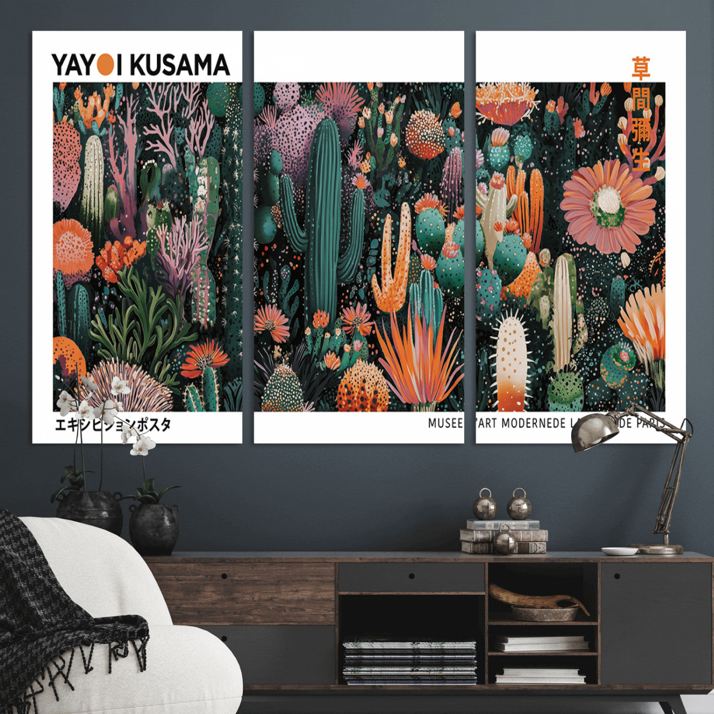 MGV-CV-48X32-3P - Modern Japanese Wall Art Print, Yayoi Kusama Print Wall Decor, Abstract Mount Fuji Canvas Print,