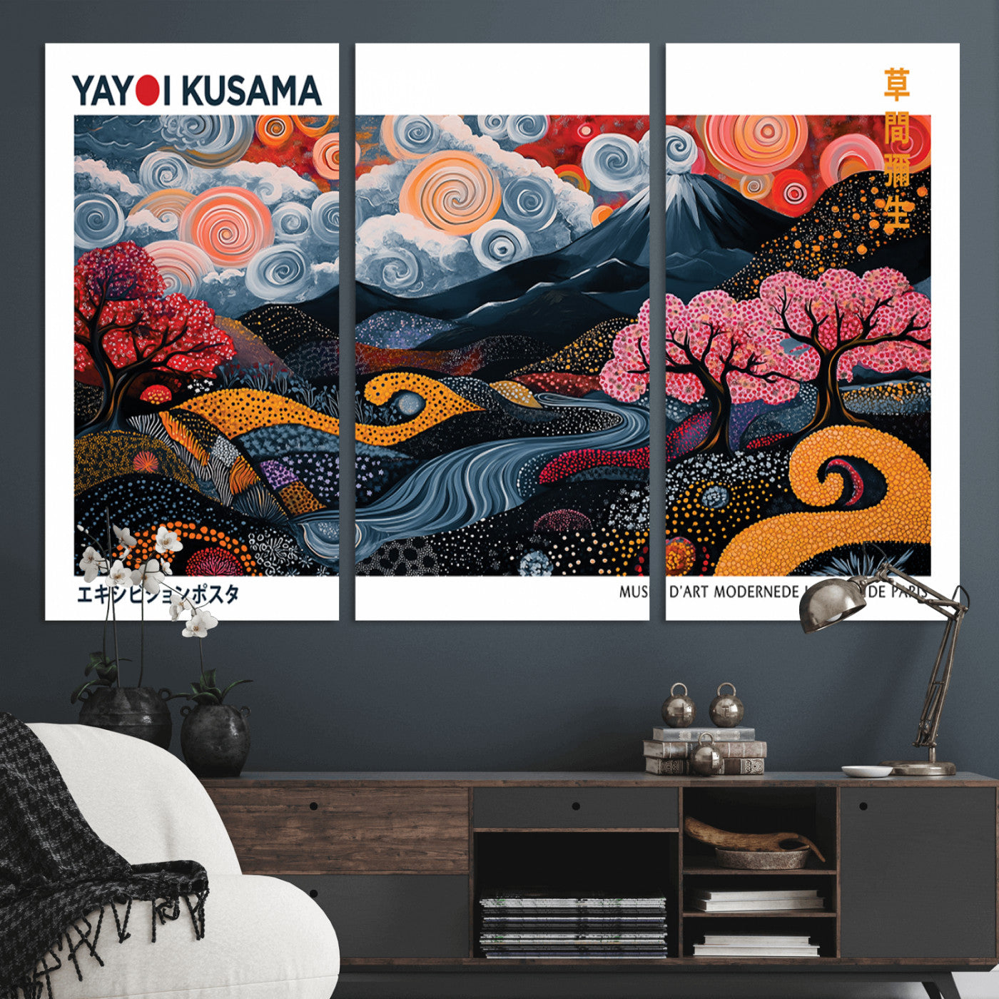 MGV-CV-48X32-3P - Modern Japanese Wall Art Print Yayoi Kusama Canvas Wall Art Abstract Mount Fuji Canvas Print