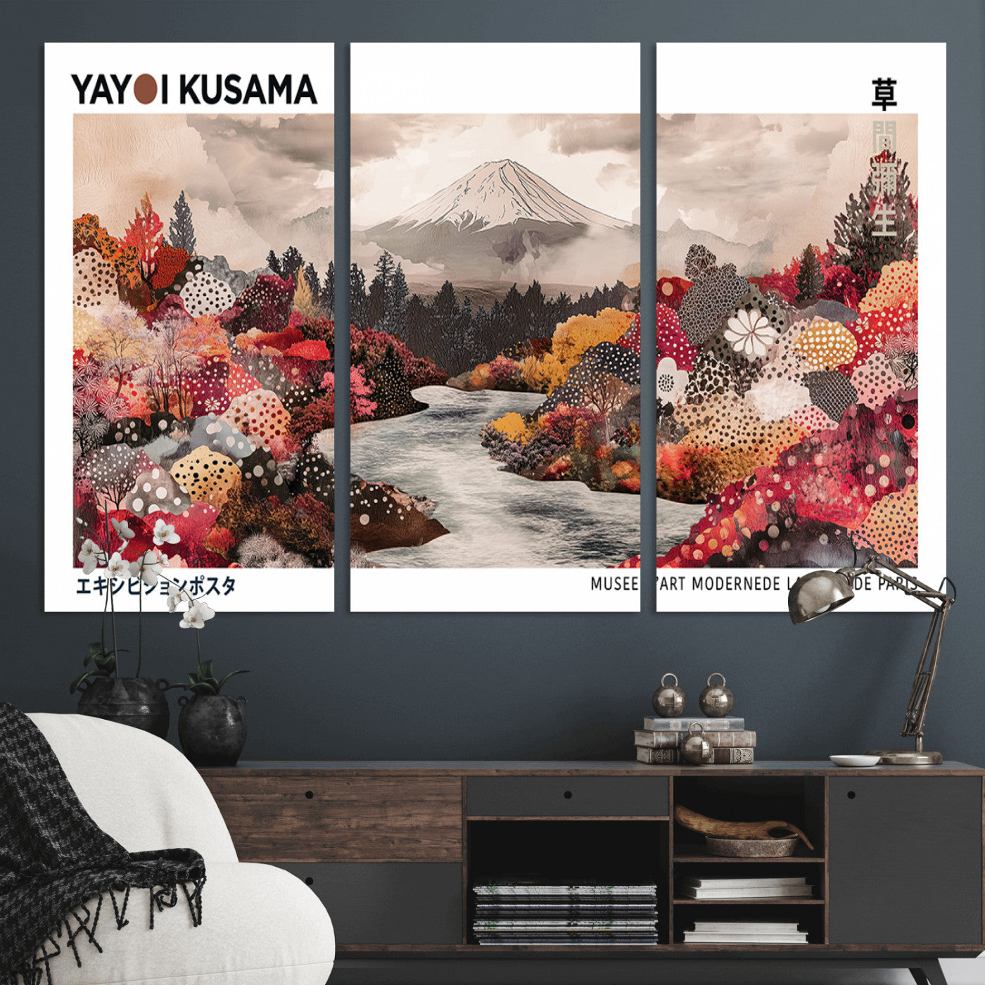 MGV-CV-48X32-3P - Modern Japanese Wall Art Print, Yayoi Kusama Canvas Wall Art, Abstract Mount Fuji Art Canvas Print,