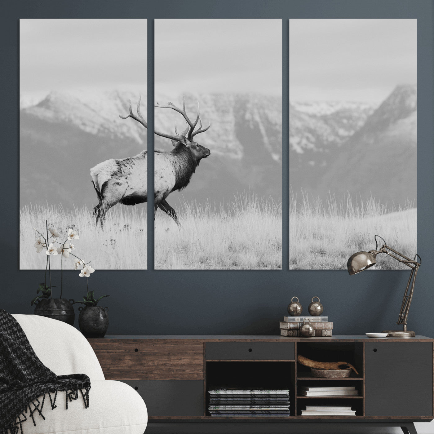 36150391-MGV-CV-48X32-3P - Wall Art Canvas Print – Majestic Elk Black & White Wilderness, Scenic Mountain and Grassland Landscape, Wildlife Nature Decor for Home or Office