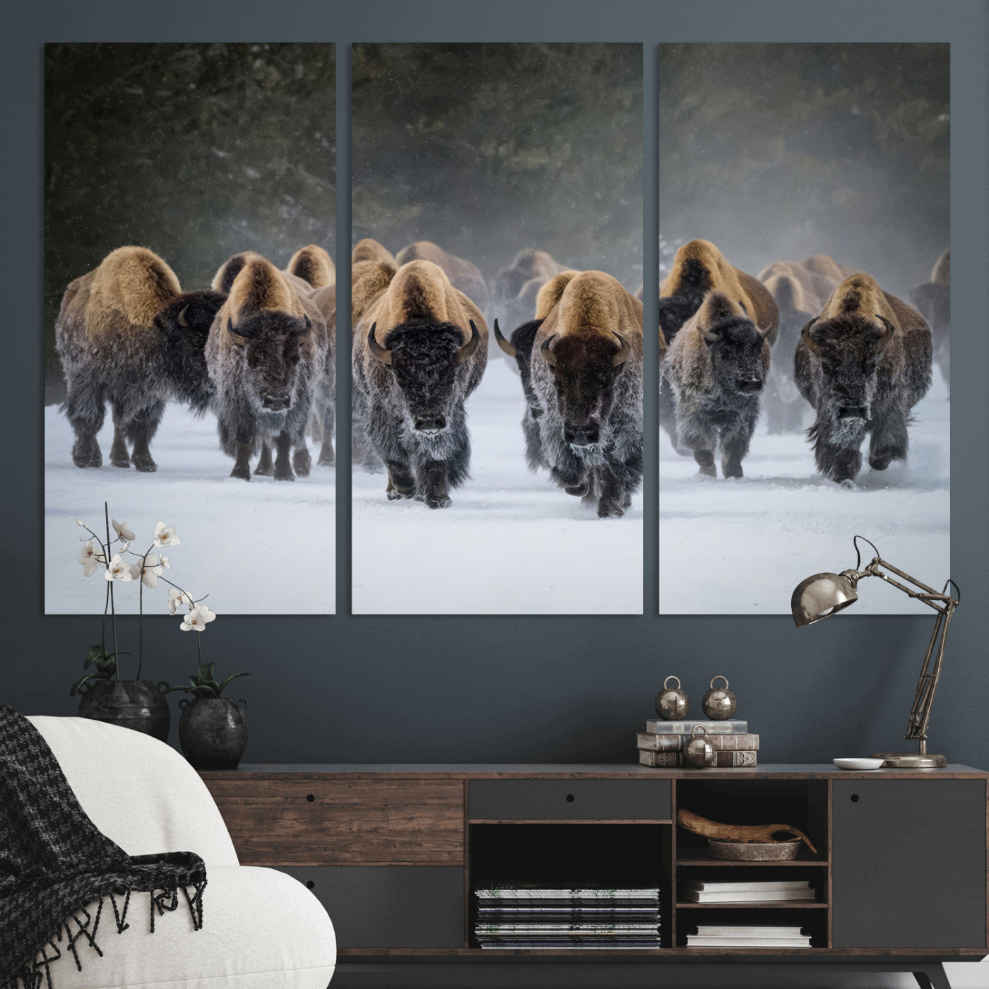 41669135-MGV-CV-36X24 - Winter Bison Herd Wall Art – Majestic Buffalo Charge Canvas Print with Snow Covered Plains, Rustic Wildlife Strength and Untamed Nature Decor for Home and Office