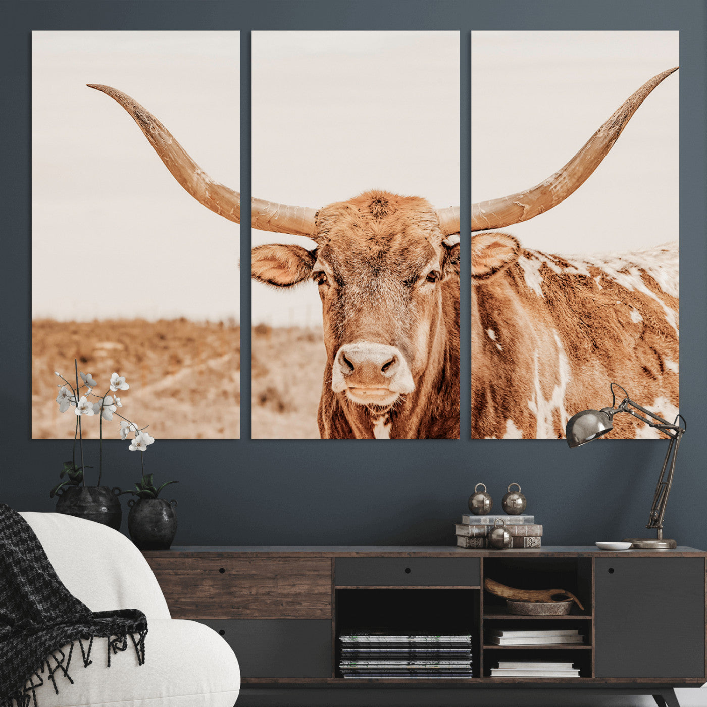 MGV-CV-48X32-3P - Longhorn Bull Wall Art Canvas Print, Framed Western Cow Art Picture Print, Rustic Farmhouse Perfect Neutral Farmhouse Decor Artwork