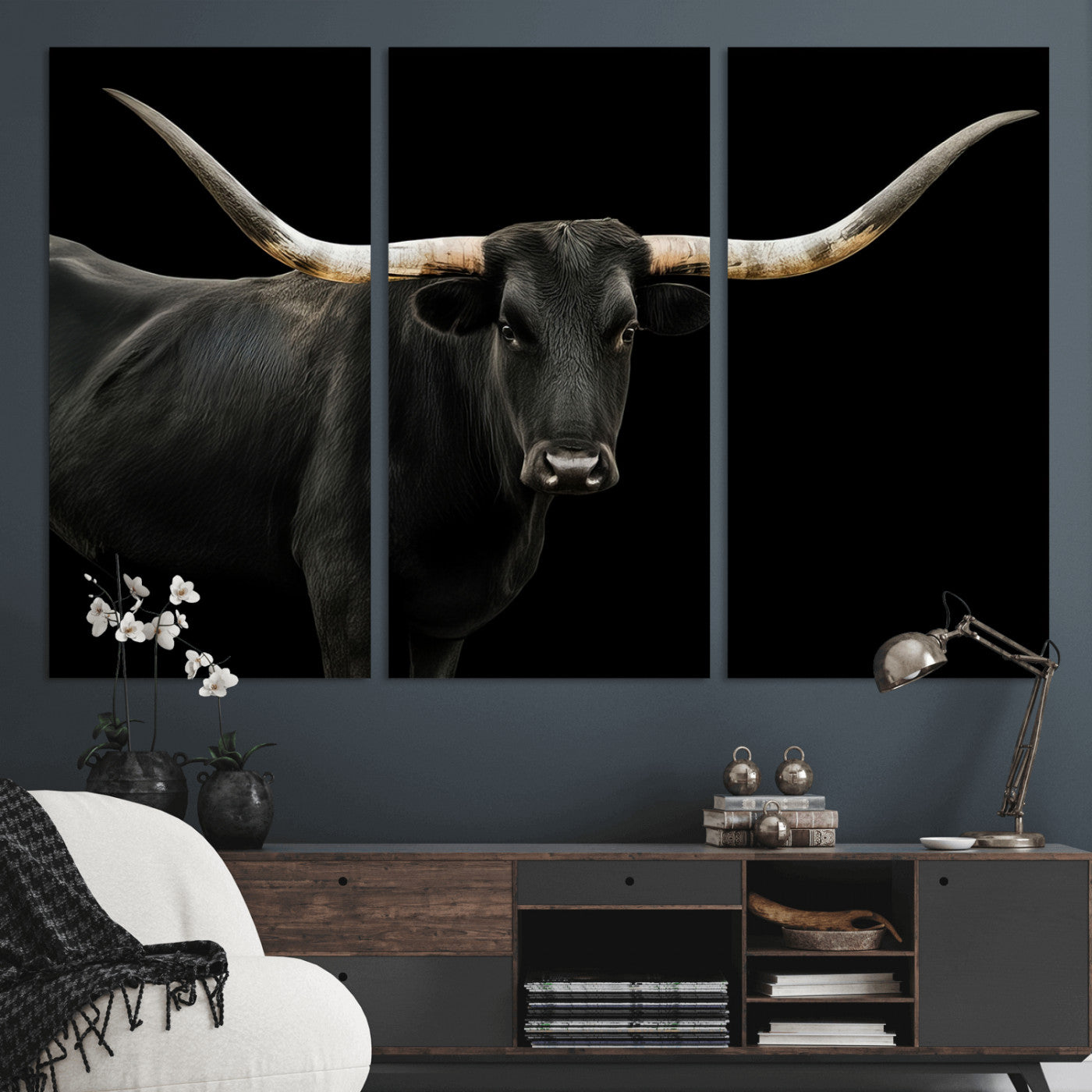 MGV-CV-48X32-3P - Texas Longhorn Wall Art Canvas Print, Framed Rustic Western Art Picture Print, Farmhouse Animal Perfect Modern Western Minimalist Decor Artwork