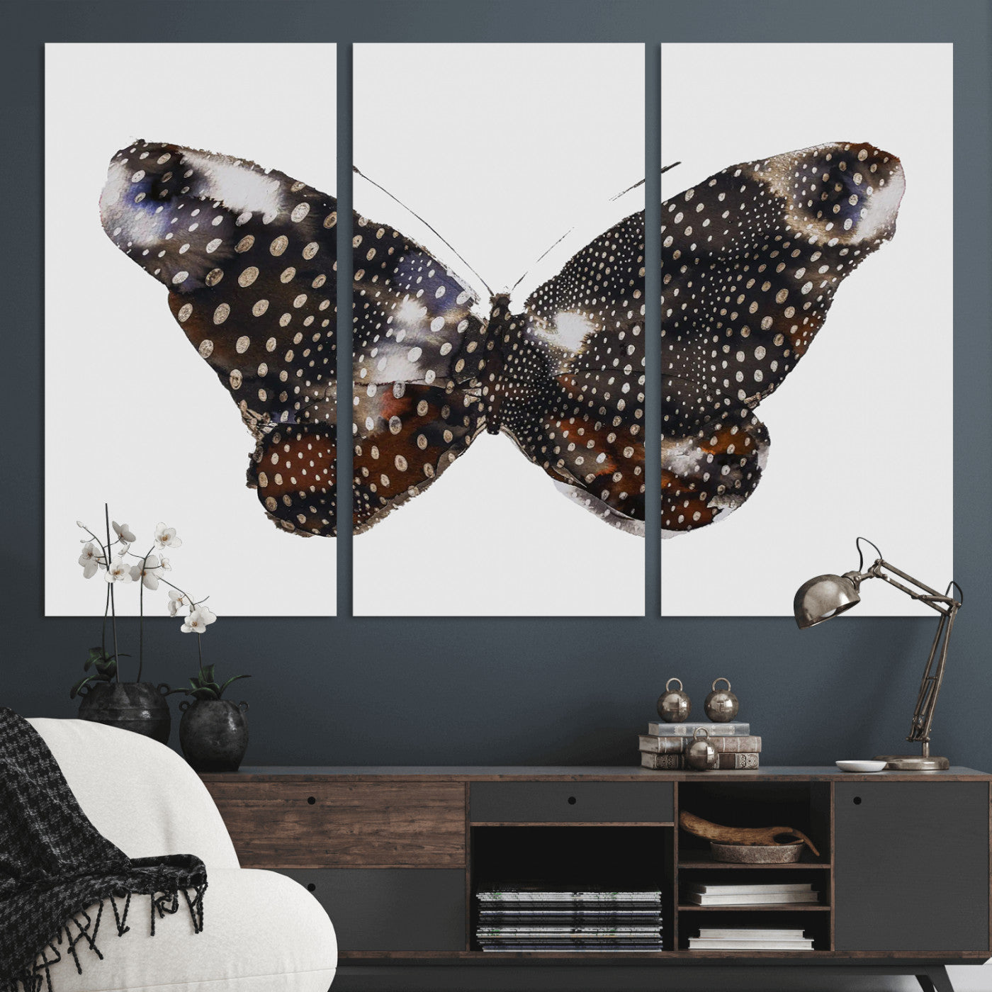 MGV-CV-48X32-3P - Spotted Butterfly Wall Art Canvas Print, Framed Neutral Insect Theme Art Picture Print, Earthy Wing Pattern Perfect Modern Rustic Decor Artwork