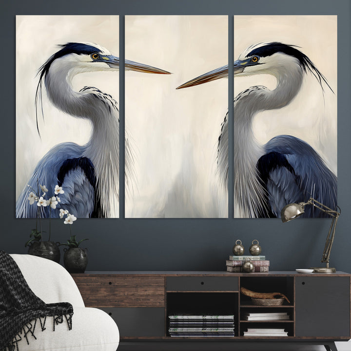 Blue Heron Pair Wall Art Canvas Print, Coastal Bird Theme Print, Framed Tranquil Wildlife Scene Art Print, Large Nature Inspired Decor Printing