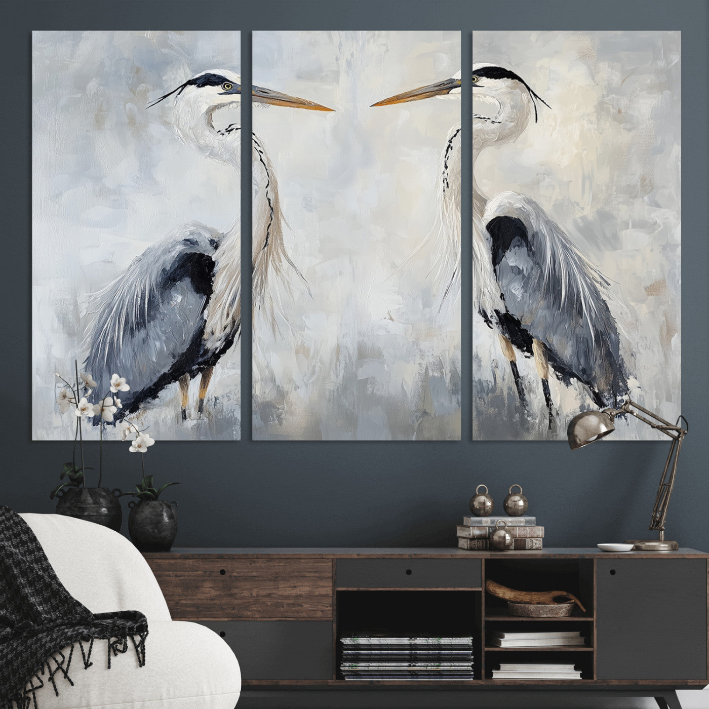 MGV-CV-48X32-3P - Heron Wall Art Wall Art Canvas Print, Framed Bird Canvas Decor Art Picture Print, Nature Inspired Perfect Coastal Minimalist Decor Artwork