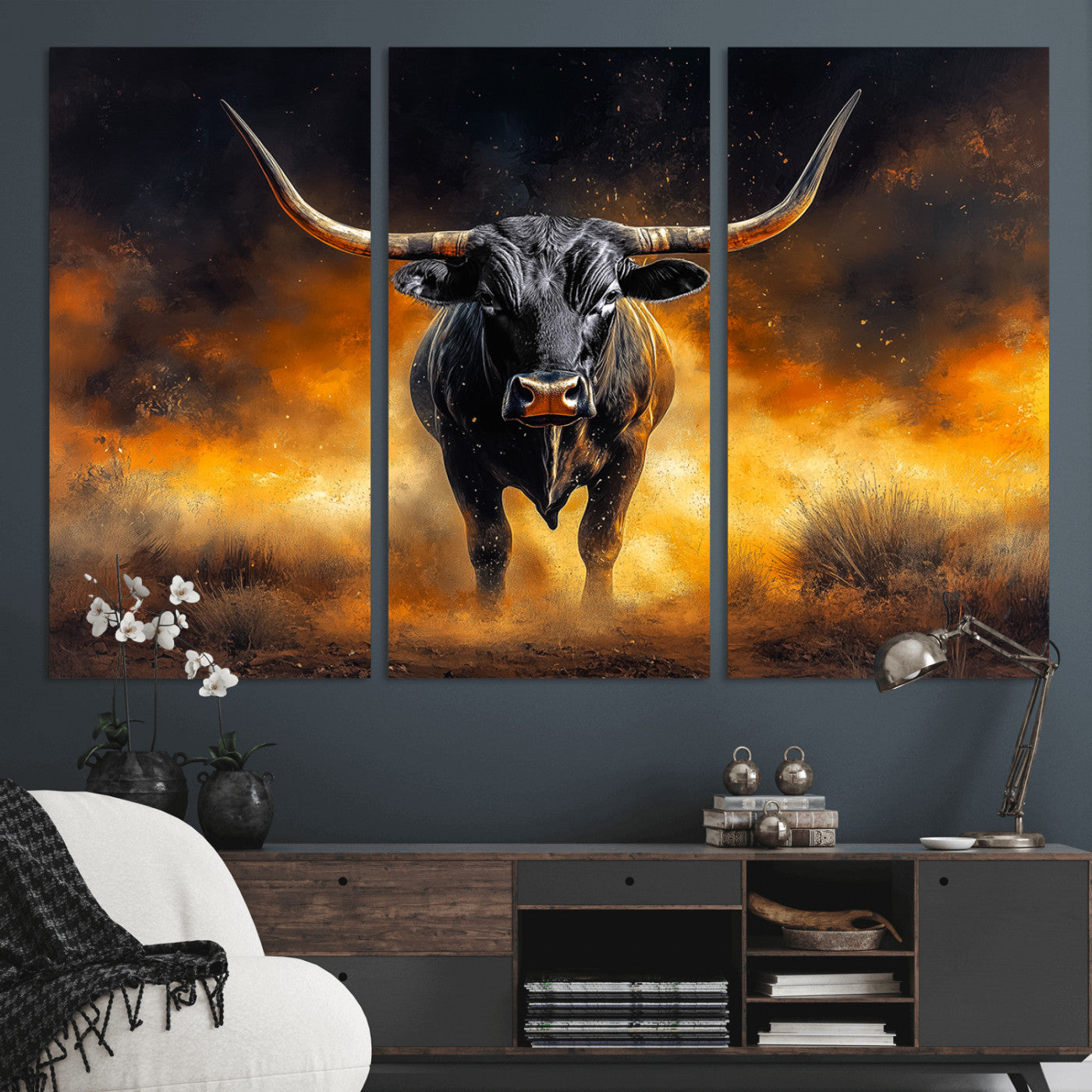MGV-CV-48X32-3P - Longhorn Canvas Wall Art Canvas Print, Framed Bold Bull Wall Art Art Picture Print, Western Animal Decor Perfect Western Dramatic Decor Artwork