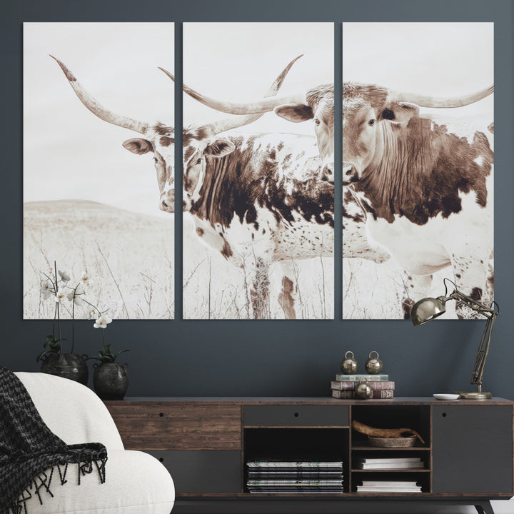 Longhorn Wall Art Wall Art Canvas Print, Western Cow Canvas Print, Framed Rustic Farm Decor Art Print, Large Neutral Animal Scene Printing