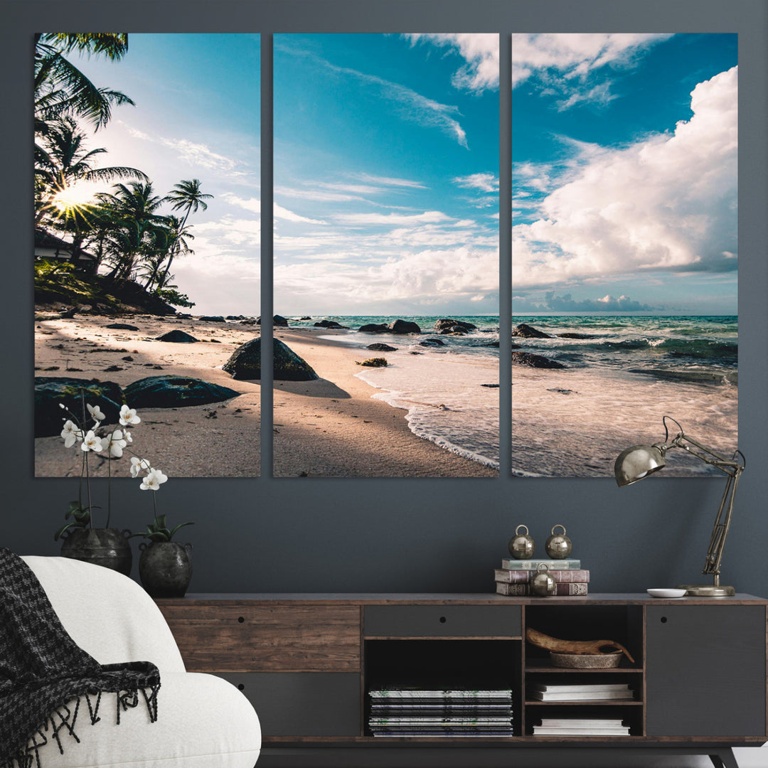 Tropical Beach Wall Art Canvas Print, Framed Ocean Waves Art Picture Print, Relaxing Seascape Perfect Tropical Coastal Decor Artwork