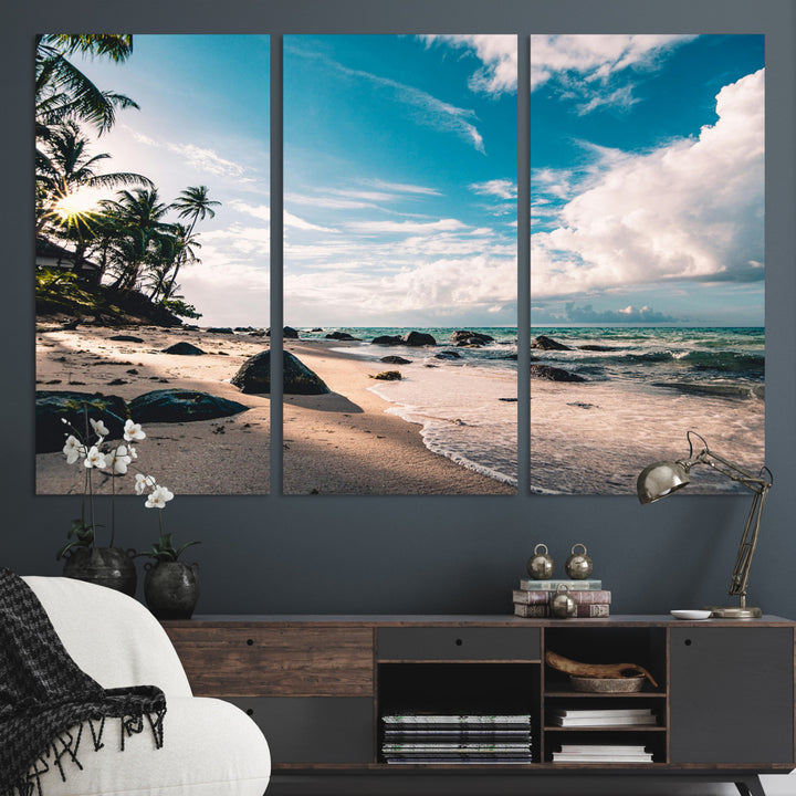 Tropical Beach Wall Art Canvas Print, Framed Ocean Waves Art Picture Print, Relaxing Seascape Perfect Tropical Coastal Decor Artwork