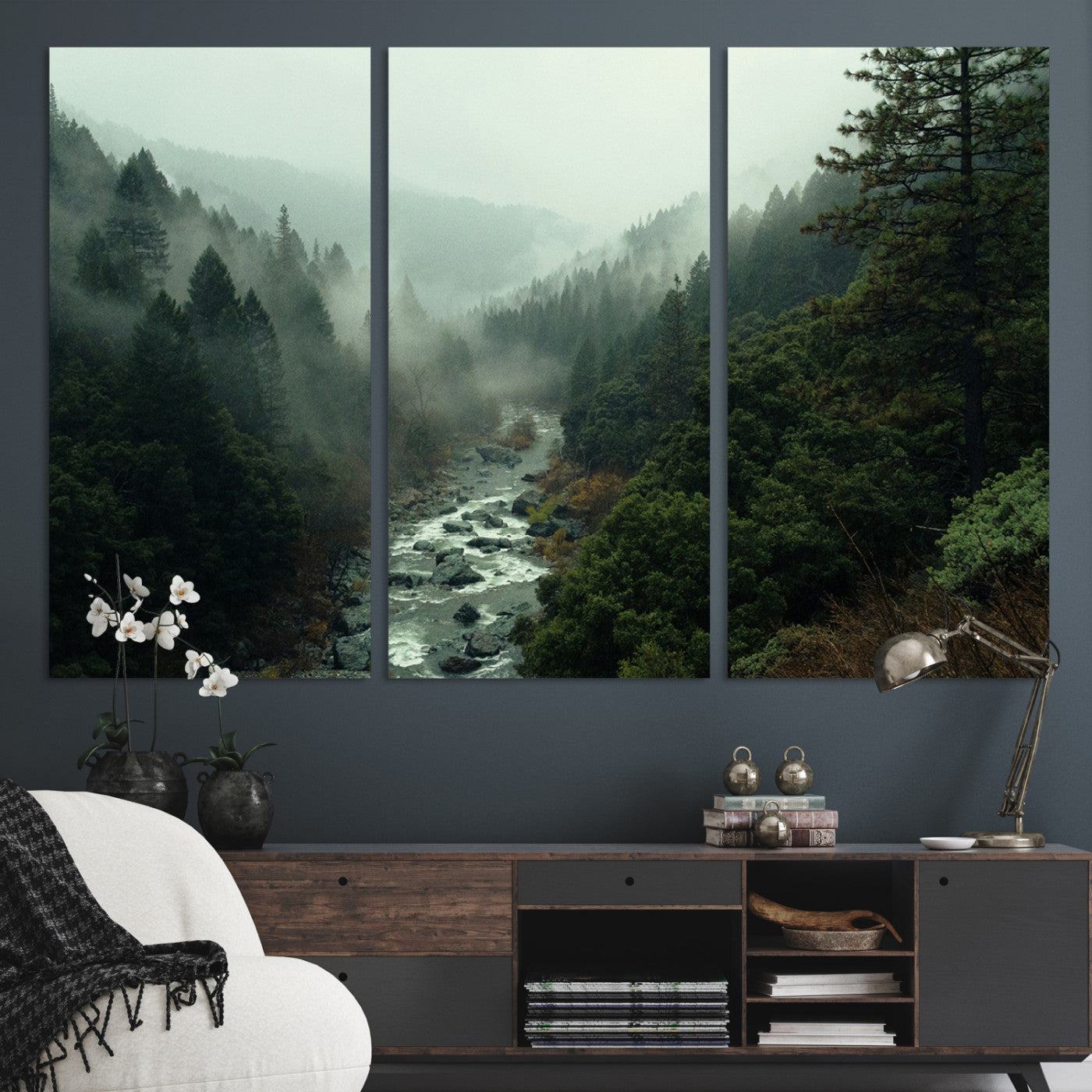 48497565-MGV-CV-36X24-Misty Forest Wall Art Canvas Print, Framed Foggy River Art Picture Print, Moody Landscape Perfect Wilderness Decor Artwork