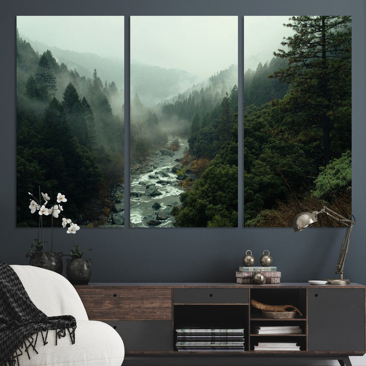 Misty Forest Wall Art Canvas Print, Framed Foggy River Art Picture Print, Moody Landscape Perfect Wilderness Decor Artwork