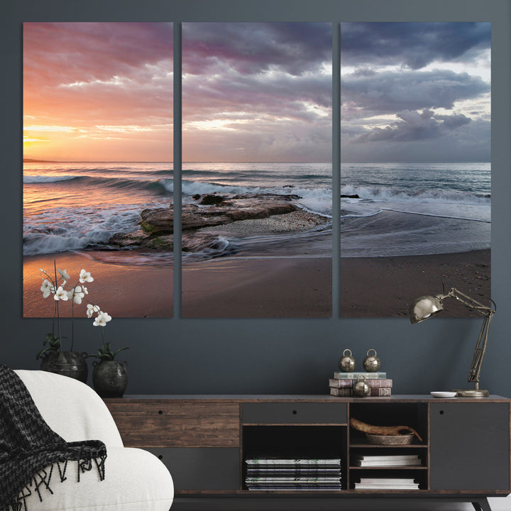 Golden Hour Wall Art Canvas Print, Framed Tranquil Waves Art Picture Print, Beach Perfect Coastal Serenity Decor Artwork
