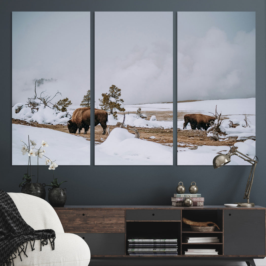 Bison Wildlife Wall Art Canvas Print, Framed Snowy Prairie Art Picture Print, Western Perfect Rustic Decor Artwork