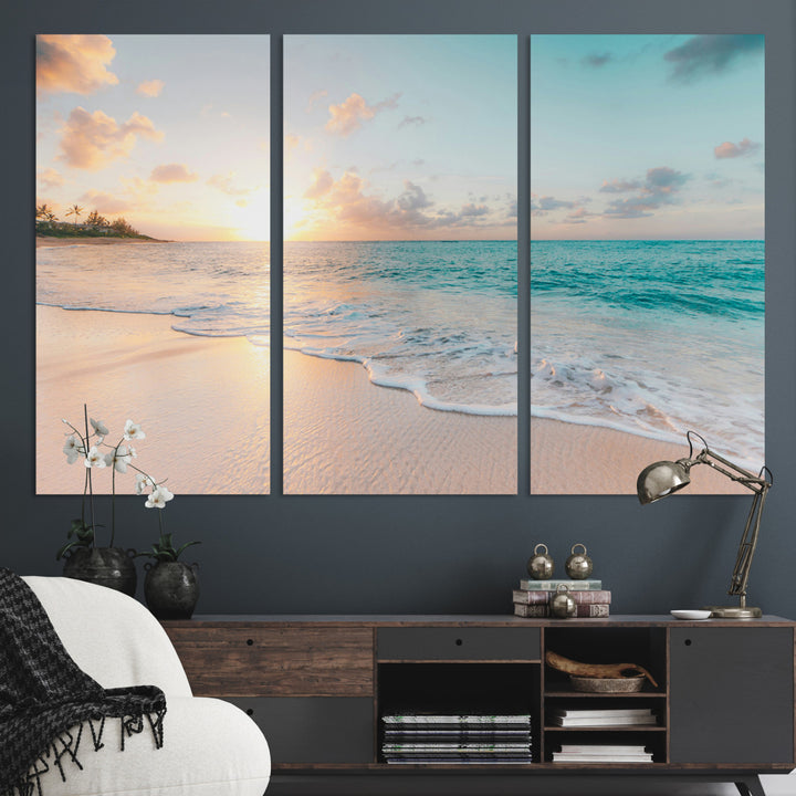 Beach Sunset Wall Art Canvas Print, Framed Ocean Waves Art Picture Print, Summer Escape Perfect Coastal Decor Artwork