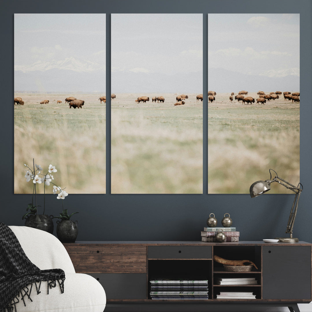 Bison Herd Wall Art Canvas Print, Framed Western Art Picture Print, Bison Perfect Ranch Decor Artwork