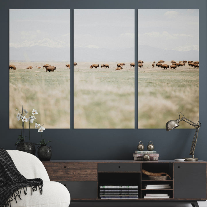 Bison Herd Wall Art Canvas Print, Framed Western Art Picture Print, Bison Perfect Ranch Decor Artwork