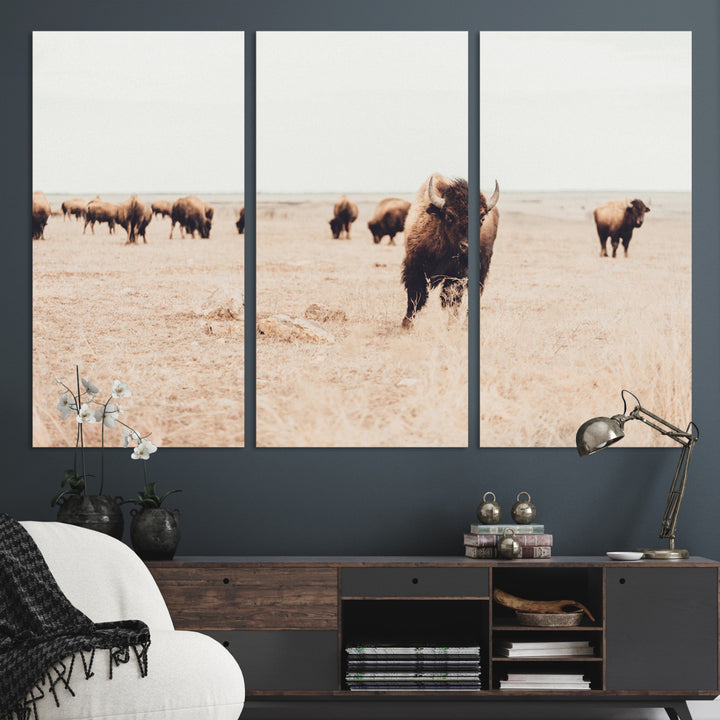 Bison Herd Wall Art Canvas Print, Framed Western Art Picture Print, Prairie Serenity Perfect Ranch Decor Artwork