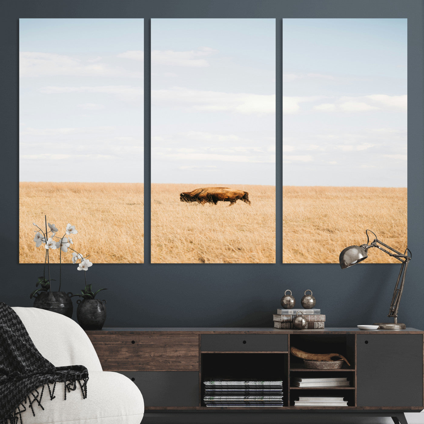 MGV-CV-48X32-3P - Minimalist Nature Wall Art Canvas Print, Framed Bison In Grassland Art Picture Print, Open Field Perfect Modern Ranch Decor Decor Artwork