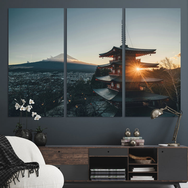 Chureito Pagoda at sunset with Mount Fuji in the background, city lights below, and golden sun rays, ideal for Japanese-inspired wall art.