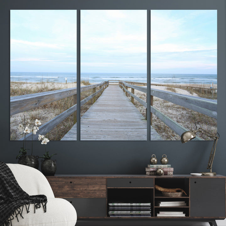Beach Boardwalk Wall Art Canvas Print, Framed Coastal Serenity Art Picture Print, Ocean View Perfect Coastal Decor Artwork