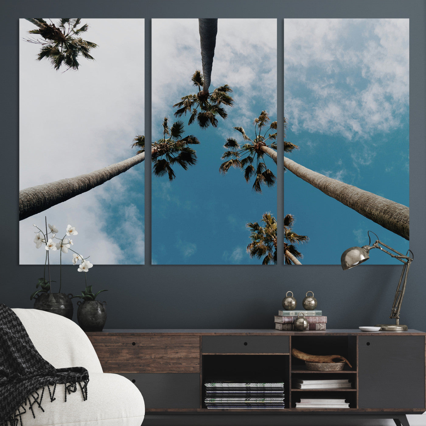 45236398-MGV-CV-36X24-Tropical Palm Trees Wall Art Canvas Print, Framed California Sky Art Picture Print, Minimalist Nature Perfect Coastal Minimalist Decor