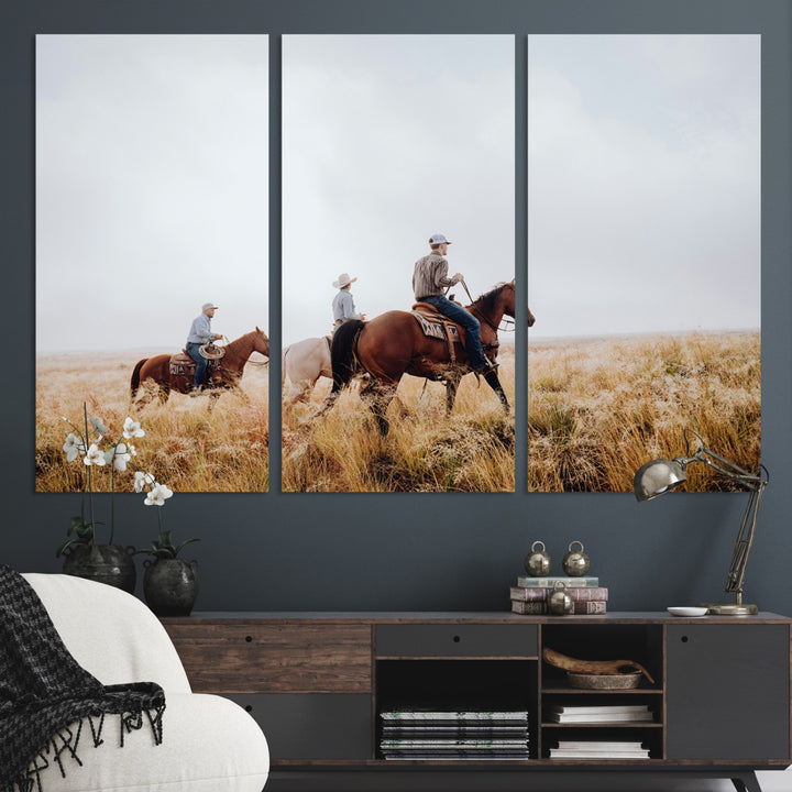 Three cowboys riding horses through a foggy prairie landscape, dressed in Western attire, evoking a rustic and adventurous Wild West aesthetic.