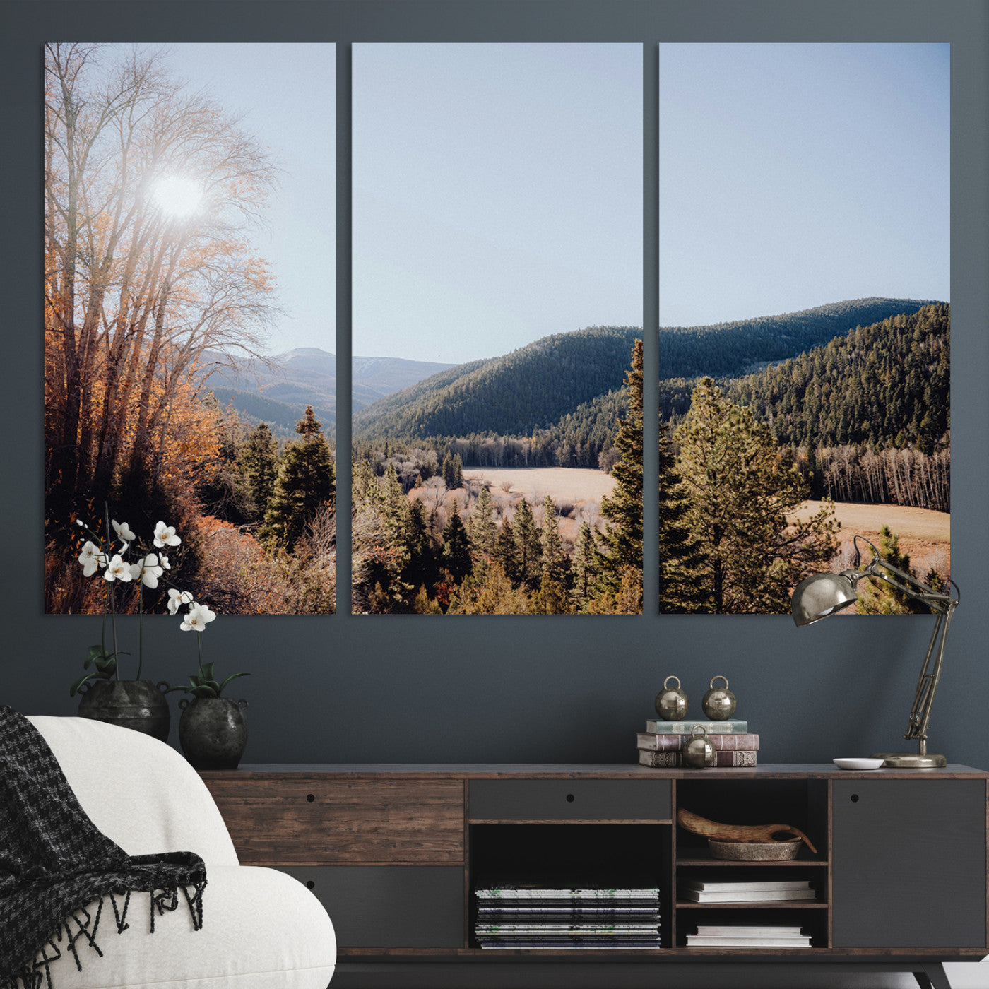 52941305-MGV-CV-36X24-Rustic Landscape Wall Art Canvas Print, Framed Serene Valley Art Picture Print, Pine Tree Horizon Perfect Rustic Cabin Decor Artwork