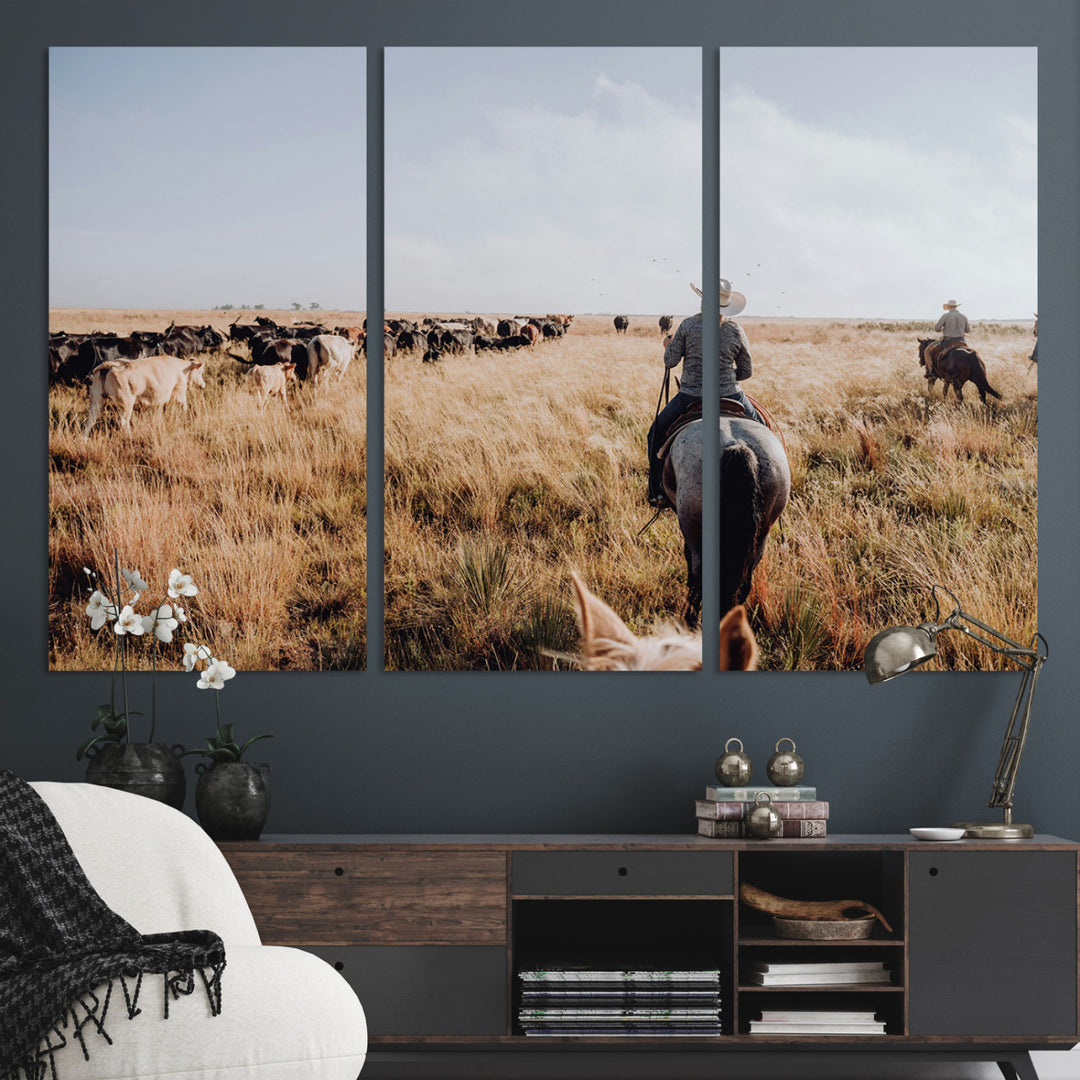 A cowboy and cowgirl on horseback herding cattle through golden grasslands, capturing a rustic and authentic Western ranch lifestyle.