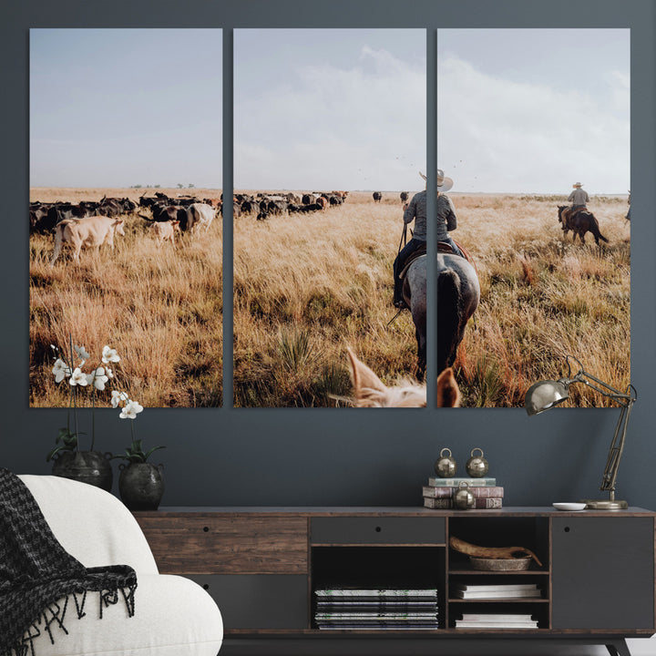 A cowboy and cowgirl on horseback herding cattle through golden grasslands, capturing a rustic and authentic Western ranch lifestyle.