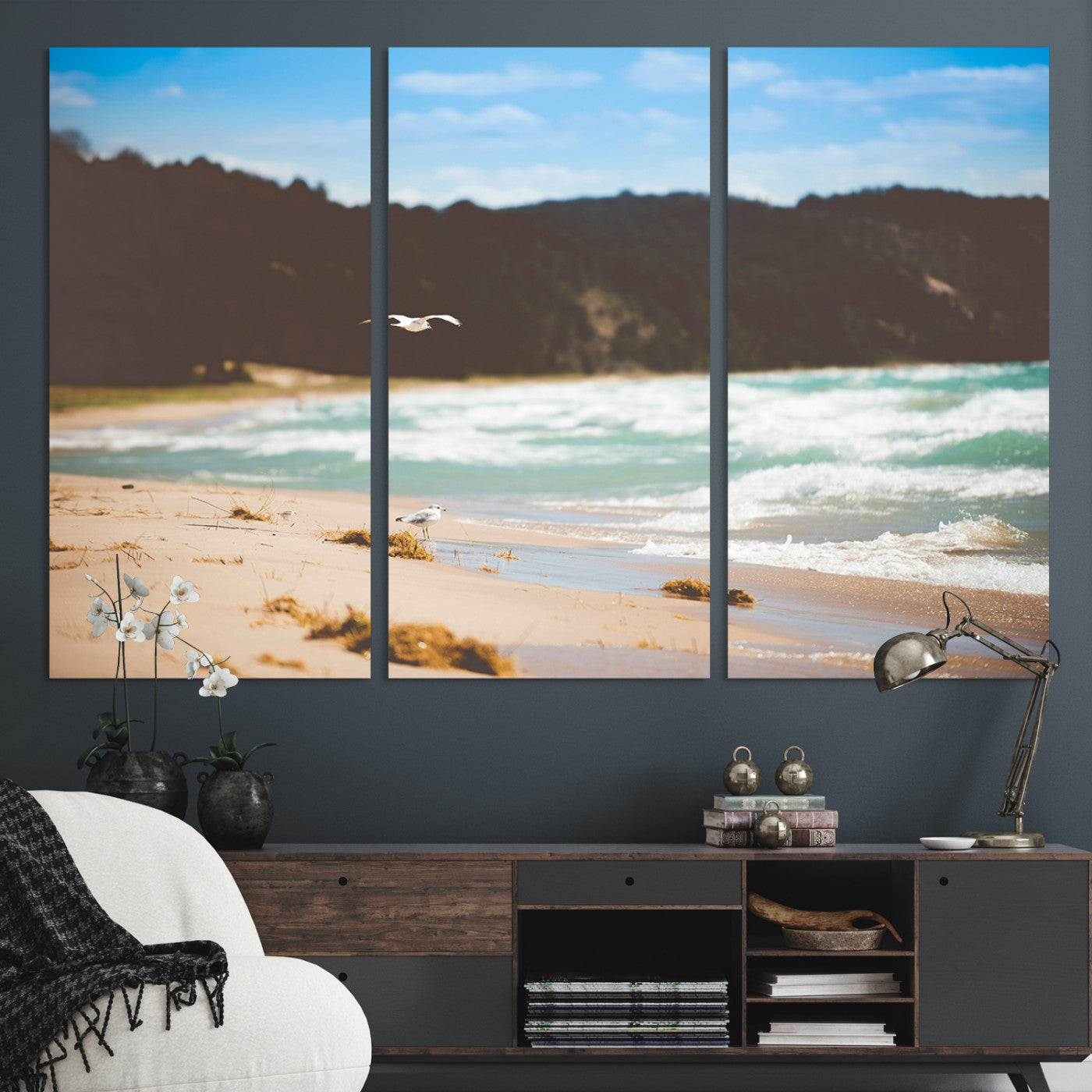 84260965-MGV-CV-36X24-Tranquil Beach Scene Wall Art Canvas Print, Framed Blue Ocean Waves Art Picture Print, Sandy Coastline Perfect Coastal Cottage Decor Artwork