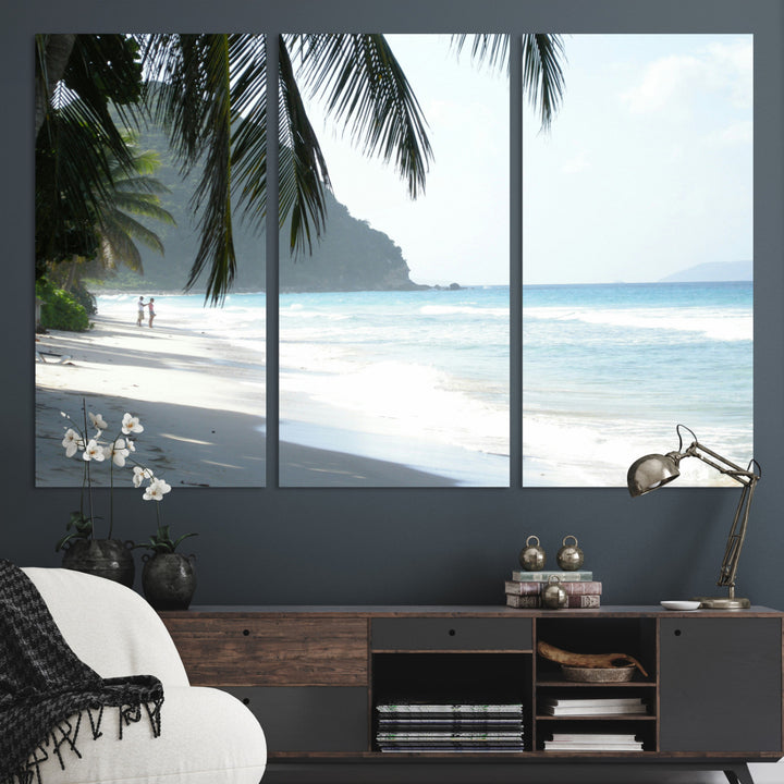 Tropical beach with palm tree shadows, white sand, and turquoise ocean waves, creating a serene and relaxing island escape atmosphere.