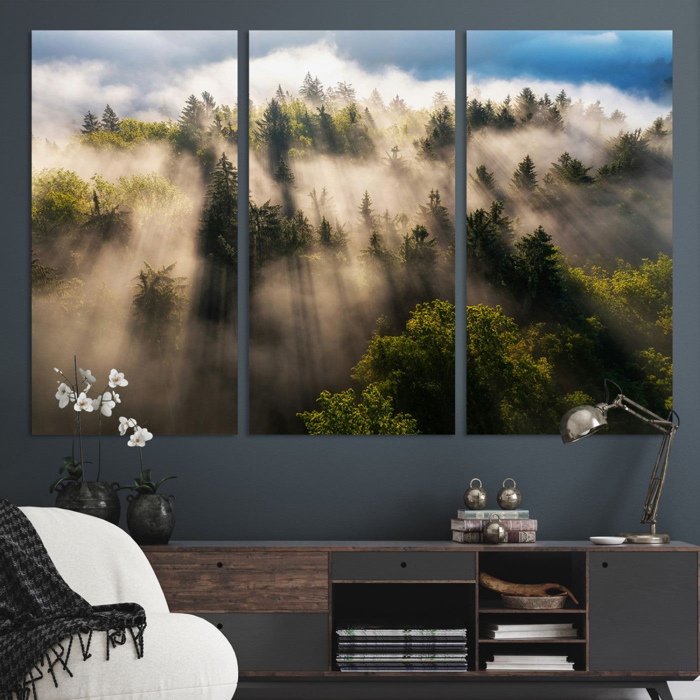 14785710-MGV-CV-36X24-Tranquil Forest Scene Wall Art Canvas Print, Framed Sunbeam Through Trees Art Picture Print, Moody Green Wall Art Perfect Scandinavian