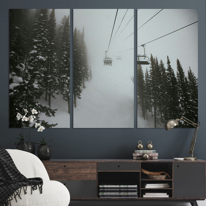 Ski Lift Wall Art Canvas Print, Framed Snowy Pines Art Picture Print, Misty Landscape Perfect Winter Serenity Decor Artwork