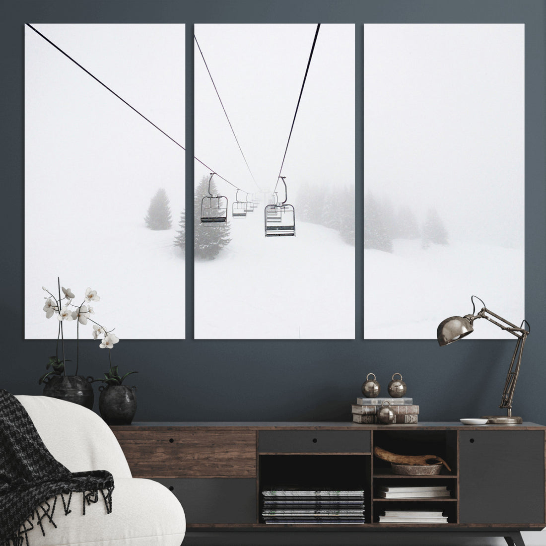 Ski Lift Wall Art Canvas Print, Framed Snowy Landscape Art, Alpine Adventure Nordic Minimalist Decor