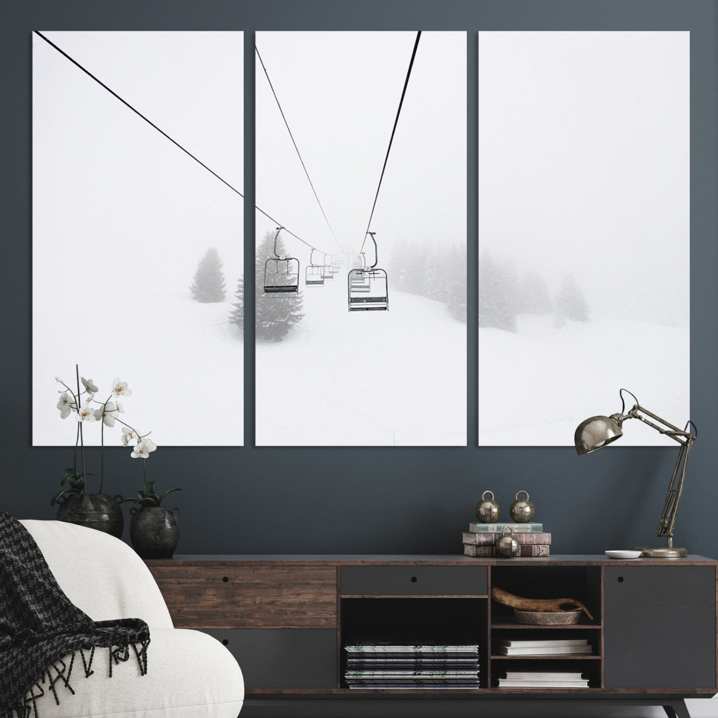 20216390-MGV-CV-36X24-Ski Lift Print Wall Art Canvas, Framed Snowy Landscape Art Picture Print, Alpine Adventure Perfect Nordic Minimalist Decor Artwork