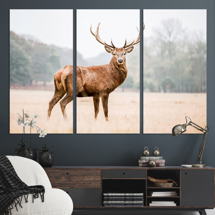 Vintage Wildlife Canvas Print, Framed Misty Landscape Art Picture Print, Deer Wall Art Perfect Rustic Wildlife Decor Artwork