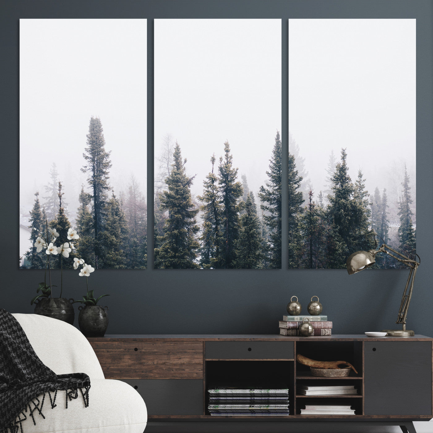 42364796-MGV-CV-36X24-Foggy Forest Wall Art Canvas Print, Framed Misty Pines Art Picture Print, Moody Woodland Perfect Scandinavian Minimalist Decor Artwork