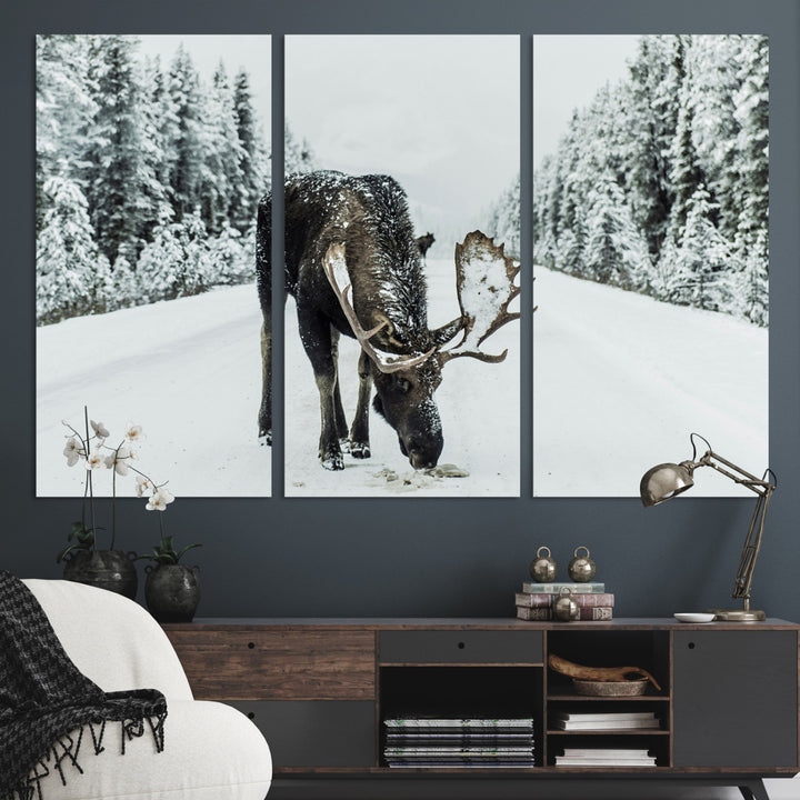 Moose in Snow Wall Art Canvas Print, Framed Winter Wildlife Art Picture Print, Snowy Forest Scene Perfect Rustic Lodge Decor Artwork