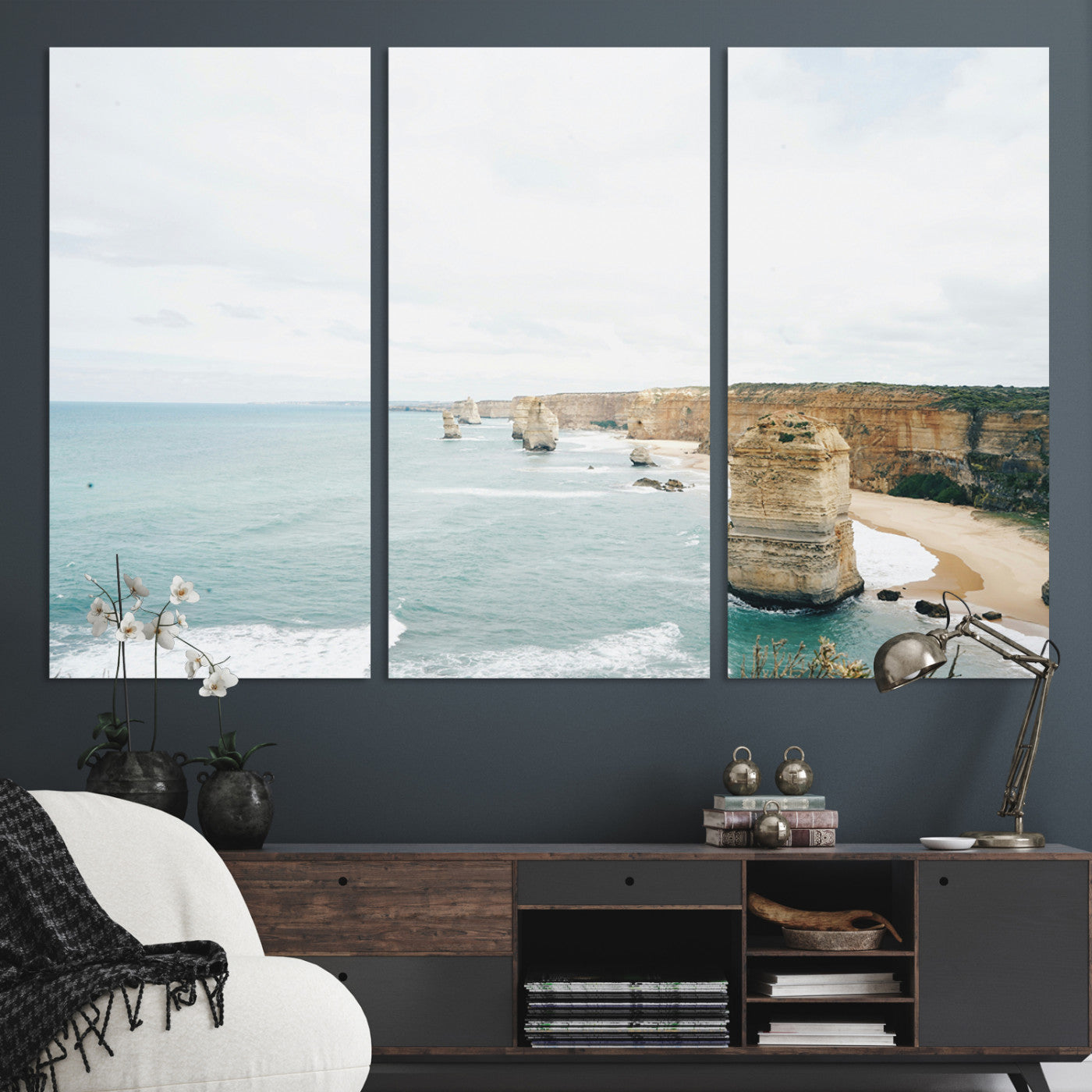 70095633-MGV-CV-36X24-Twelve Apostles Wall Art Canvas Print, Framed Coastal Cliffs Art Picture Print, Rugged Rock Formations Perfect Minimalist Coastal Decor