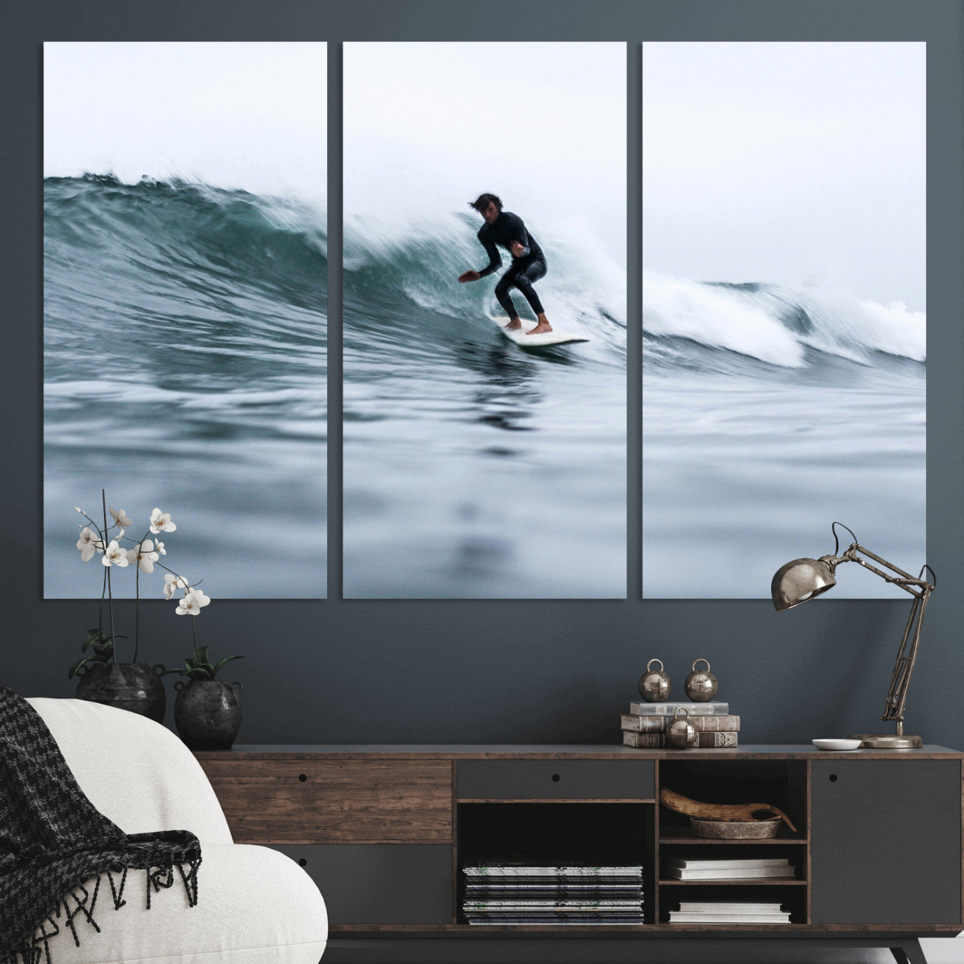 MGV-CV-48X32-3P - Surfer on Wave Wall Art Canvas Print, Framed Ocean Adventure Art Picture Print, Motion Blur Water Perfect Coastal Adventure Decor Artwork