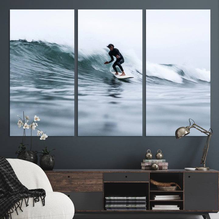 Surfer on Wave Wall Art Canvas Print, Ocean Adventure Print, Framed Motion Blur Water Art Print, Large Deep Blue Surf Printing